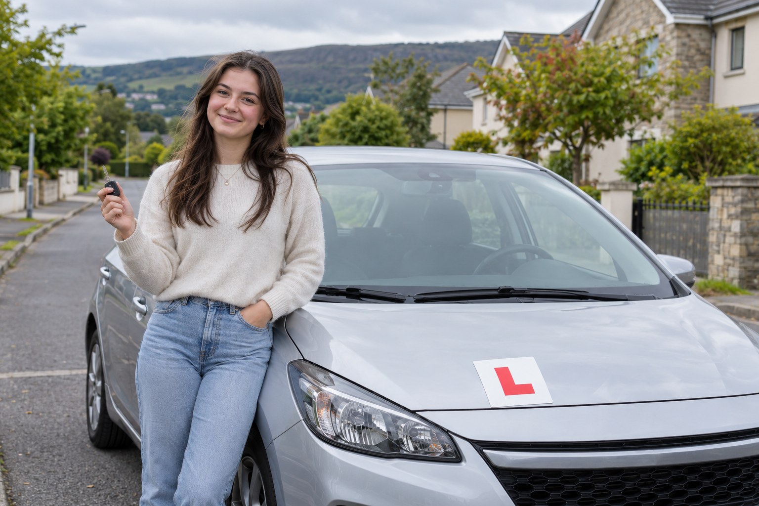 Illustrative learner driver holding car keys beside a car with a red L plate